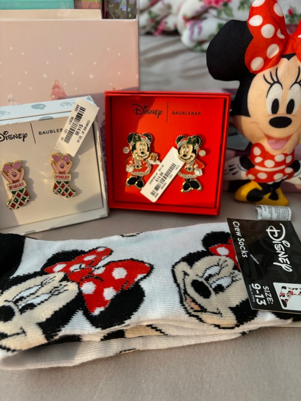 Disney Minnie Mouse Kids Socks and Holiday Pin Set - Red, Black